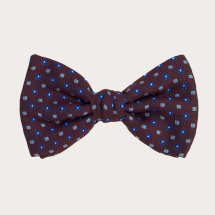 Bow tie in silk and cotton, burgundy floral and geometric pattern