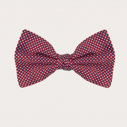 BRUCLE Ceremony bow tie in jacquard silk, red and blue geometric pattern