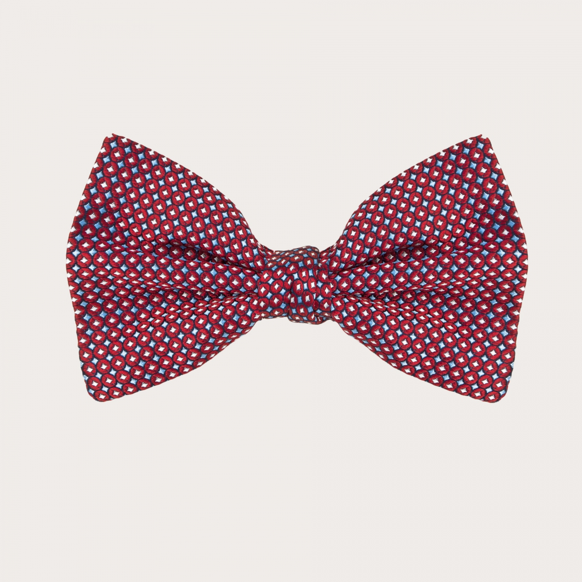 BRUCLE Ceremony bow tie in jacquard silk, red and blue geometric pattern