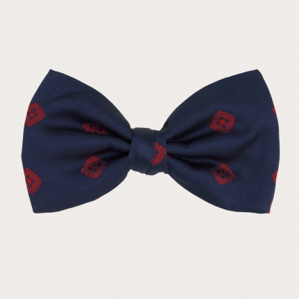 Elegant bow tie in jacquard silk, blue with red embroidery