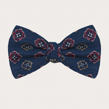 Bow tie in silk and cotton, denim pattern with geometric flowers