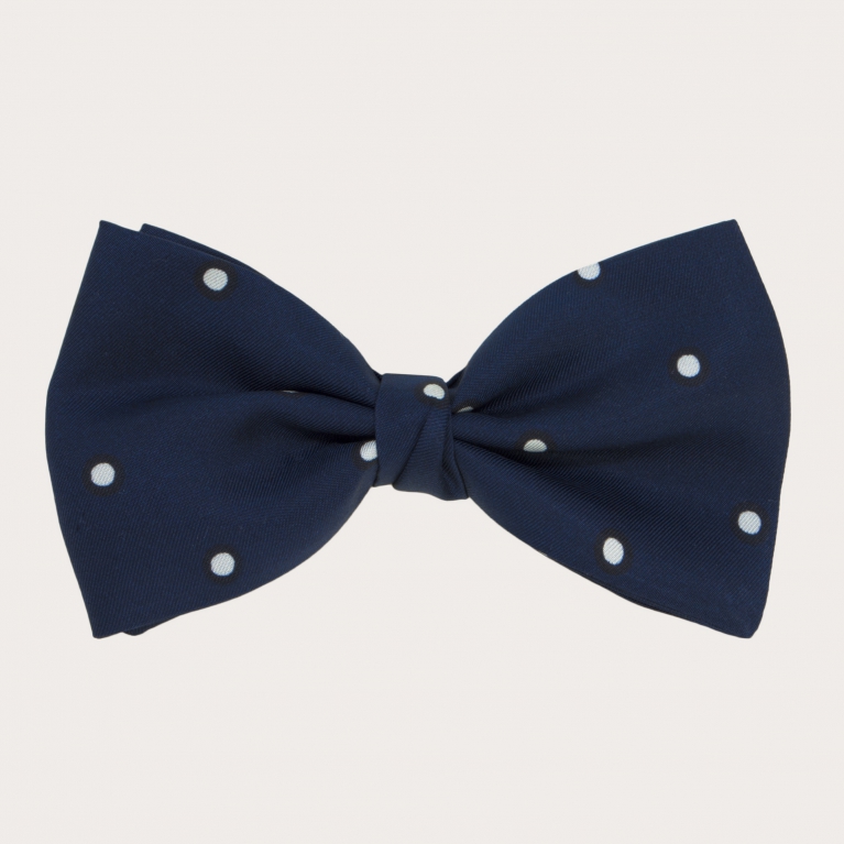 Men's silk bow tie, blue with white polka dot pattern