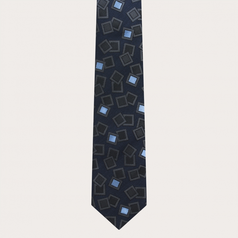 Cravate en soie jacquard, bleu marine avec motif anthracite et bleu clair