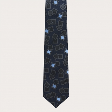 Cravate en soie jacquard, bleu marine avec motif anthracite et bleu clair