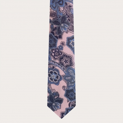 Silk necktie, pink and blue floral cachemire