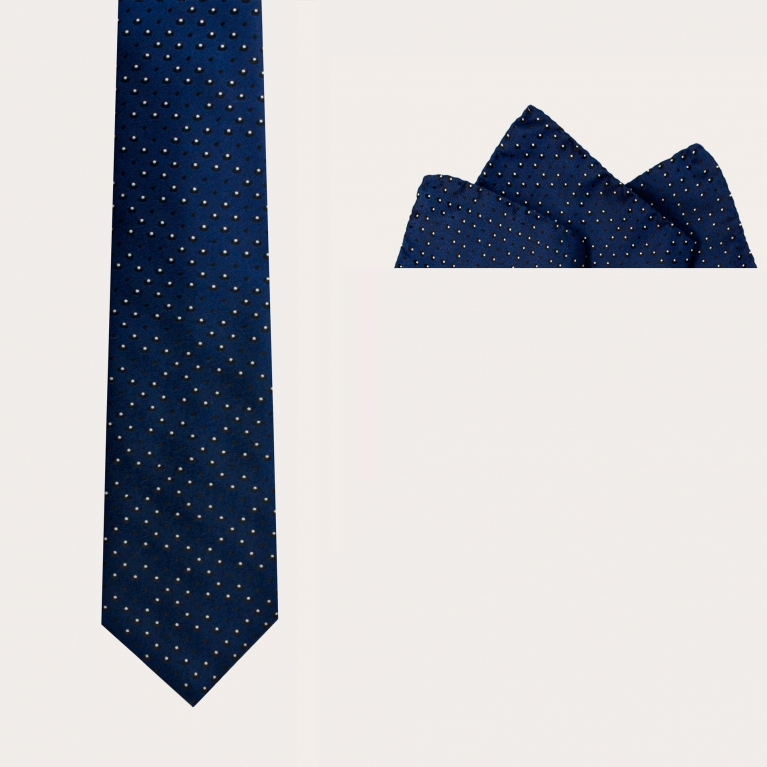 Conjunto de ceremonia corbata y pañuelo de bolsillo estampado lunares azul