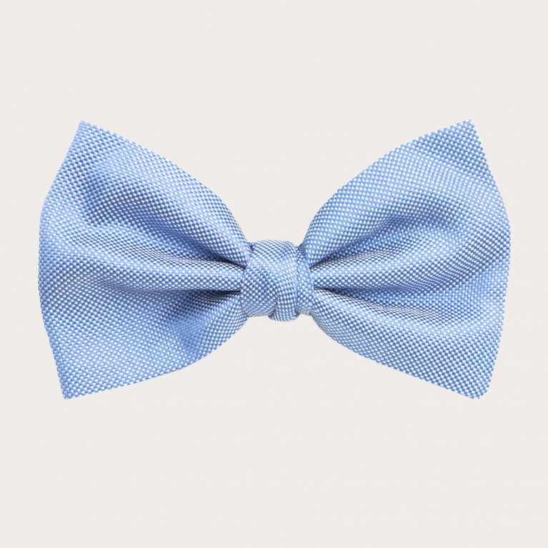 Elegant bow tie in jacquard silk, light blue and white pincushion