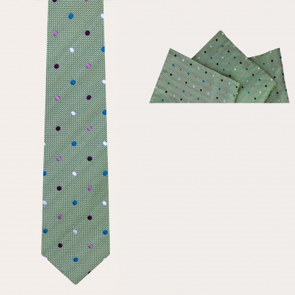 BRUCLE Ceremony set tie and pocket square, green with multicolor polka dots