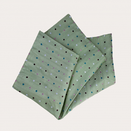 Refined silk ceremony pocket square, green with multicolor polka dots