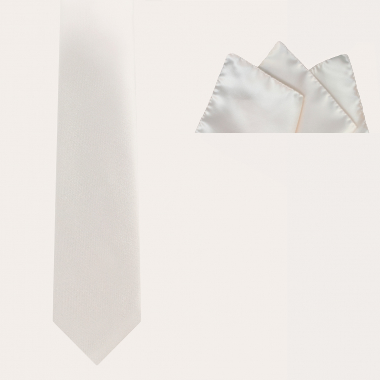 Hochzeitsset aus Seidensatin, weiße Krawatte und Einstecktuch