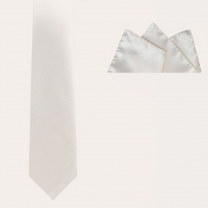 Wedding set in silk satin, white tie and pocket handkerchief