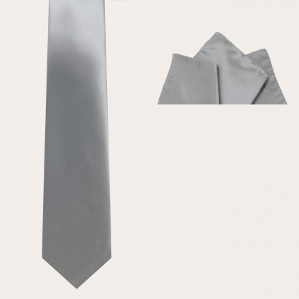 BRUCLE Set cerimonia in raso di seta, cravatta e fazzoletto da taschino grigio
