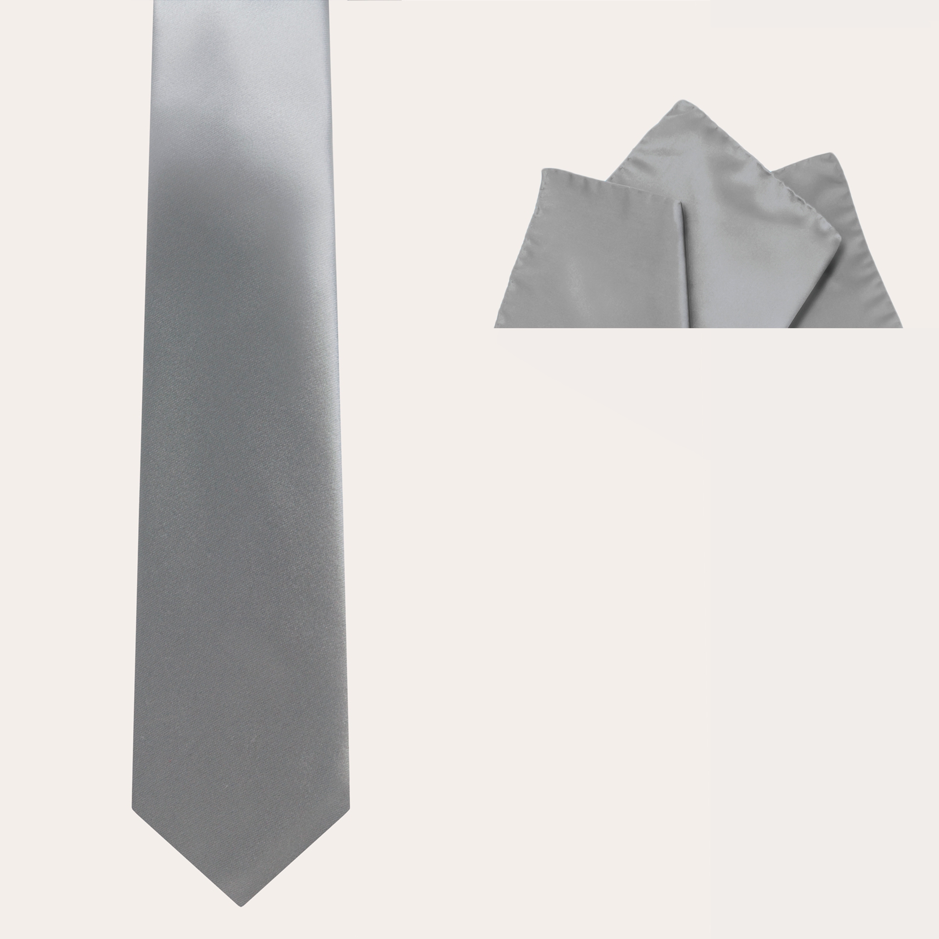 BRUCLE Silk satin ceremony set, grey tie and pocket square