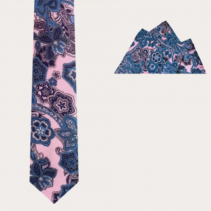 Ensemble de cérémonie cravate et mouchoir de poche, motif fleuri rose et bleu