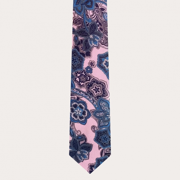 Ensemble de cérémonie cravate et mouchoir de poche, motif fleuri rose et bleu
