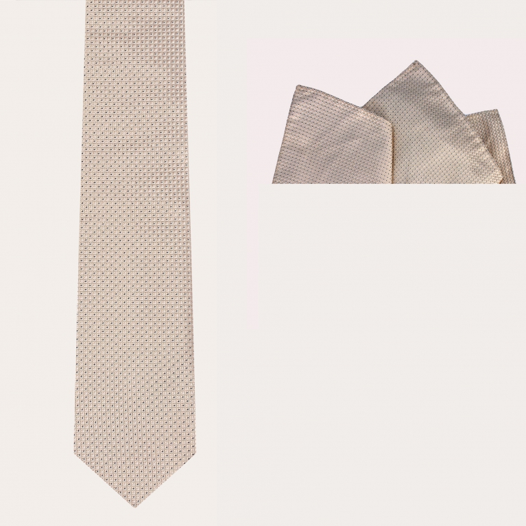 Ceremony set tie and pocket square, ivory with blue micro pattern