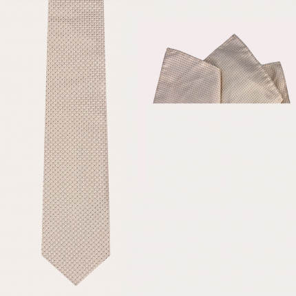 BRUCLE Ceremony Set Krawatte und Einstecktuch, elfenbeinfarbenes Mikromuster