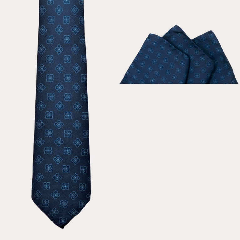 Silk tie and pocket square set, blue floral pattern