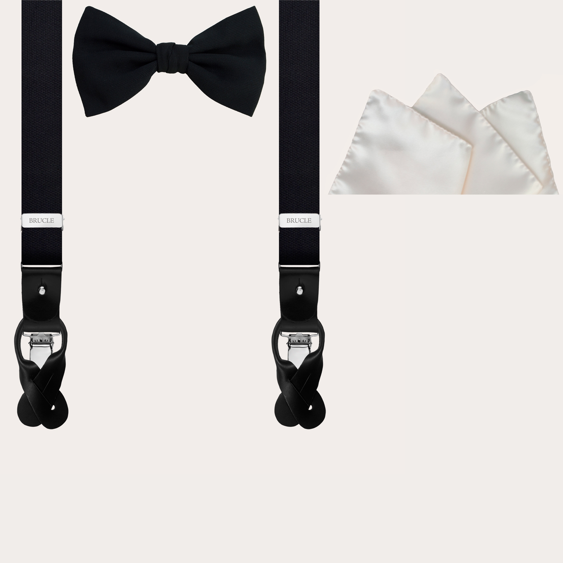 BRUCLE Wedding set for man: silk suspenders, bow tie and pocket square