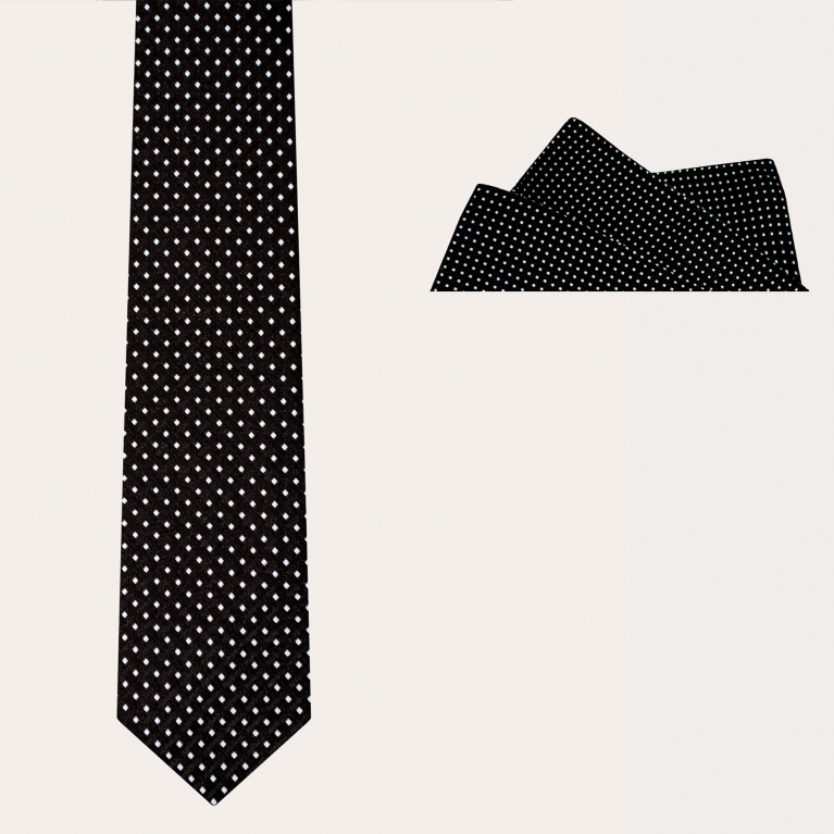 Ceremony set tie and pocket square, black with geometric dotted pattern