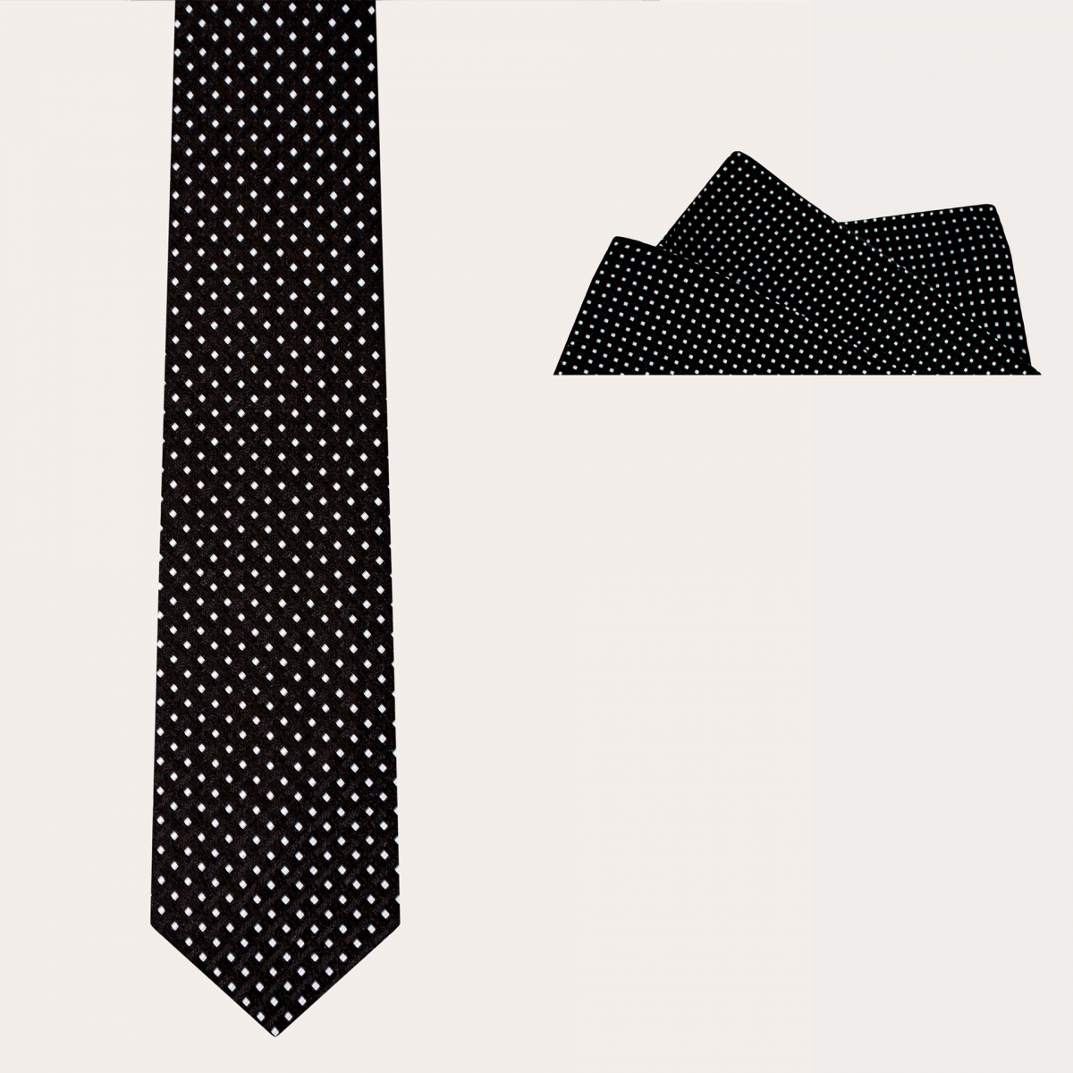 BRUCLE Ceremony set tie and pocket square, black with geometric dotted pattern