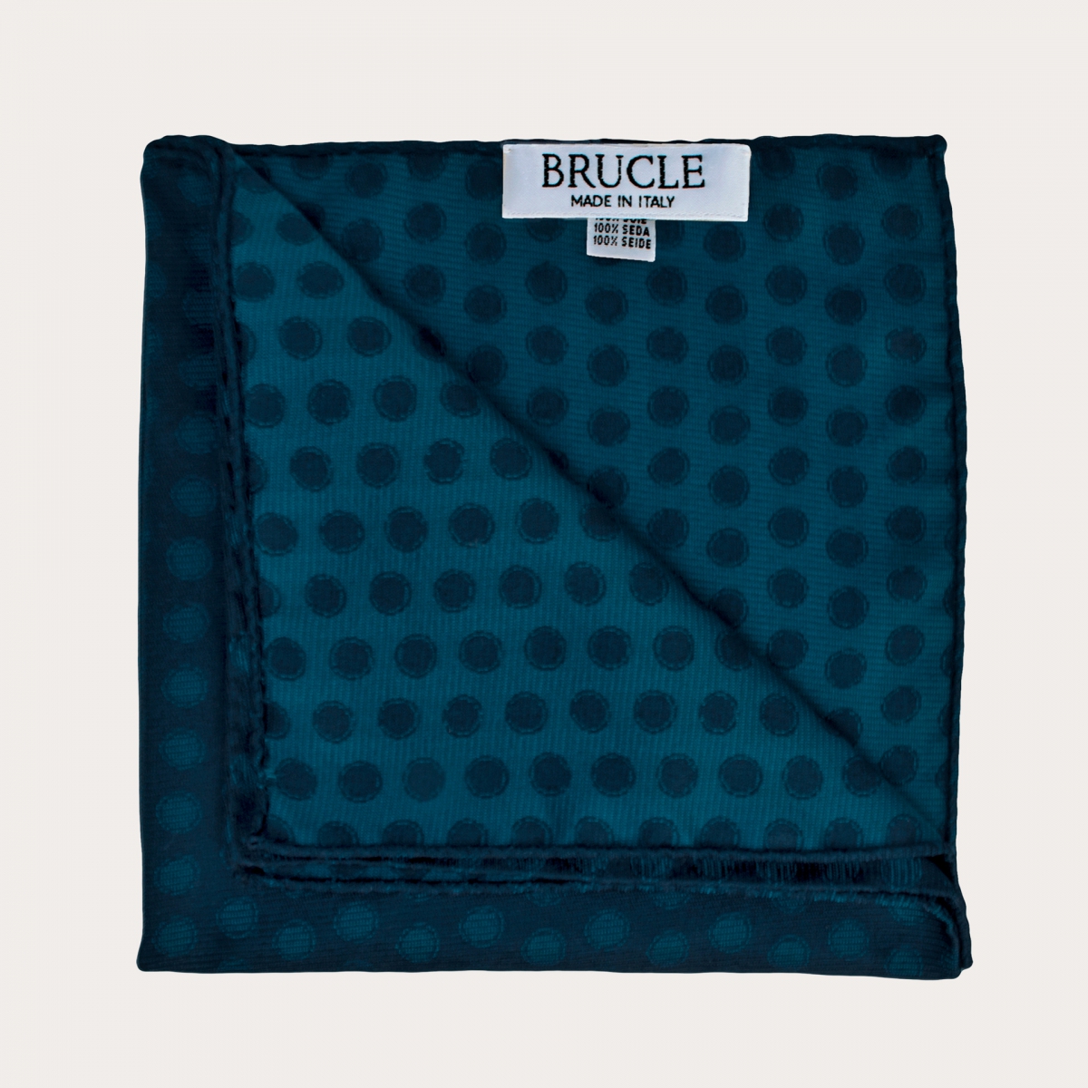 BRUCLE Elegant men's pocket square in jacquard silk, blue with petrol-colored polka dots