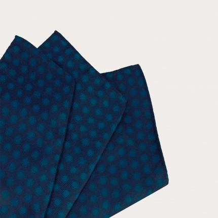 Elegant men's pocket square in jacquard silk, blue with petrol-colored polka dots
