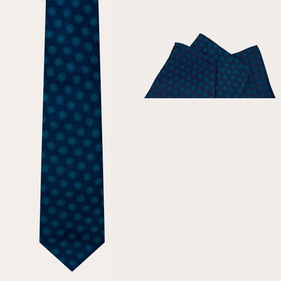 Elegant tie and pocket square set, blue with petrol polka dots