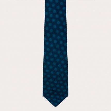 Elegante conjunto de corbata y pañuelo de bolsillo, azul con lunares petróleo