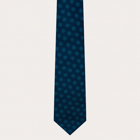 Elegante conjunto de corbata y pañuelo de bolsillo, azul con lunares petróleo