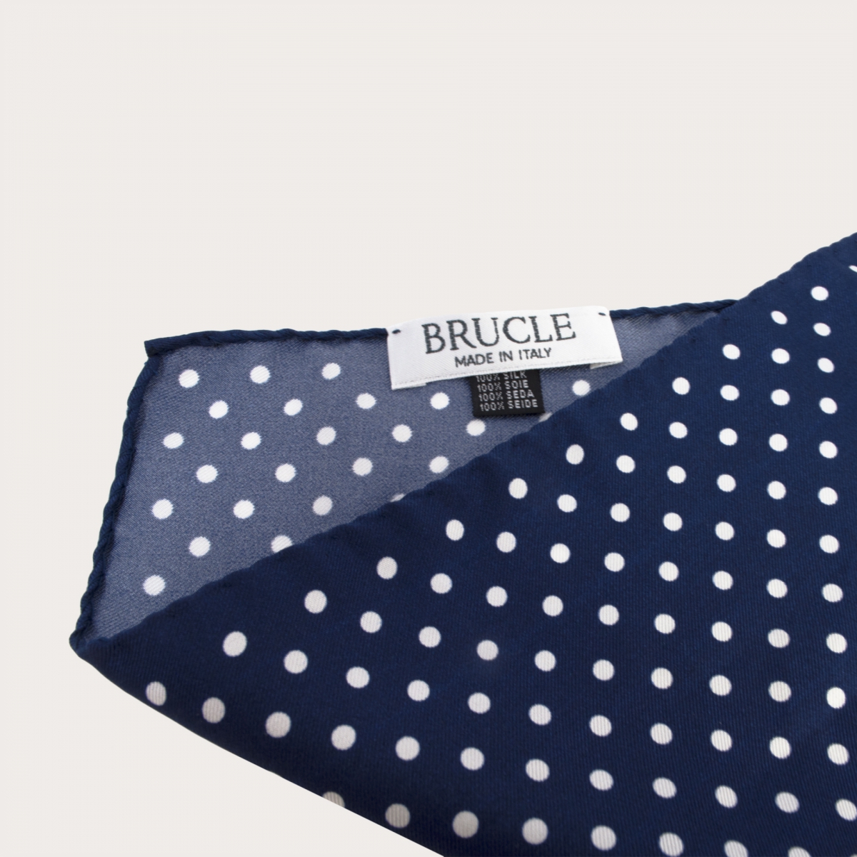 Elegant men's pocket square in jacquard silk, blue with white polka dots