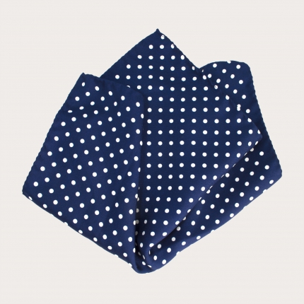 Elegant men's pocket square in jacquard silk, blue with white polka dots