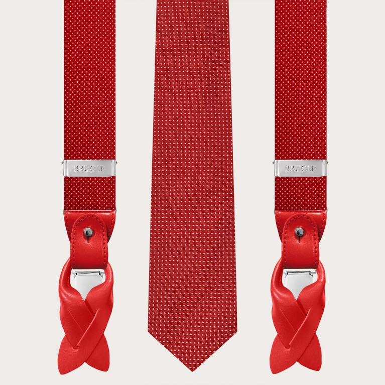 Coordinated suspenders and necktie in silk, red dotted pattern