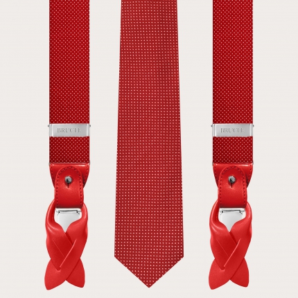 Bretelle e cravatta coordinate in seta, fantasia puntaspillo rossa