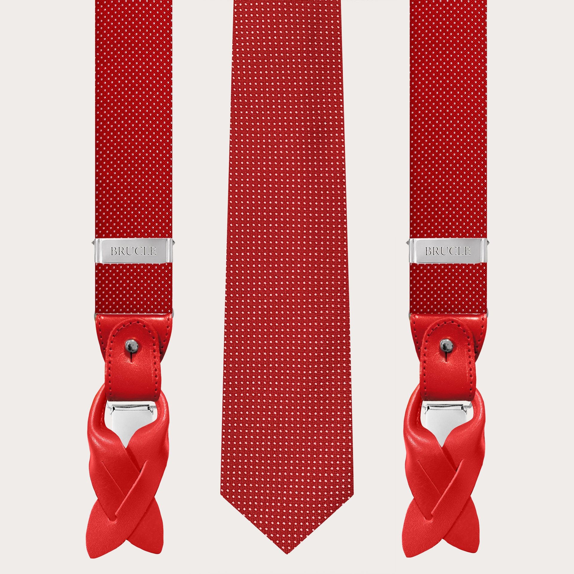BRUCLE Coordinated suspenders and necktie in silk, red dotted pattern