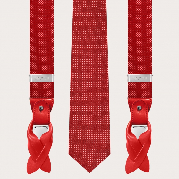 BRUCLE Bretelle e cravatta coordinate in seta, fantasia puntaspillo rossa
