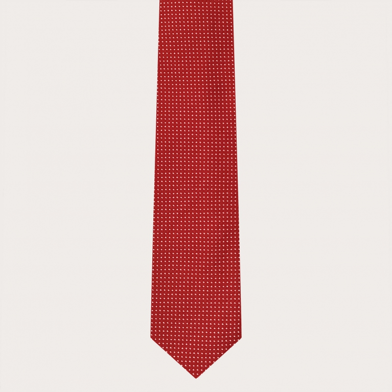 Coordinated suspenders and necktie in silk, red dotted pattern