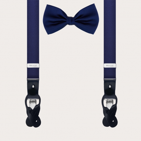 Thin suspenders and bow tie silk set, blue