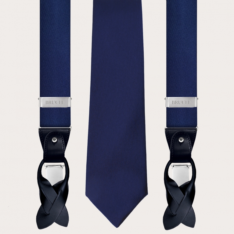Bretelle e cravatta coordinate in seta jacquard, blu