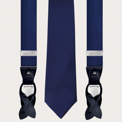 BRUCLE Matching suspenders and necktie in jacquard silk, blue