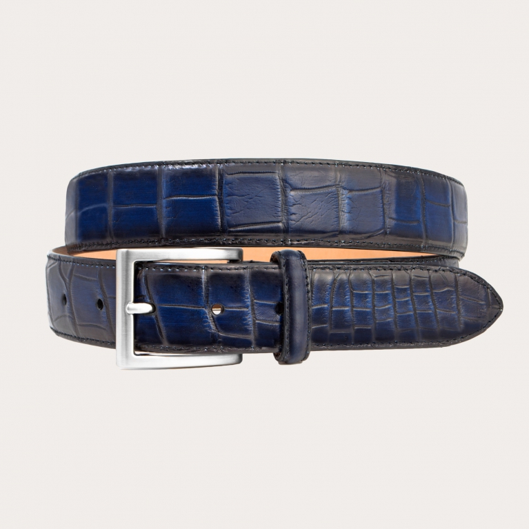 Luxury belt in alligator or crocodile leather with nickel-free buckle, blue shaded with black