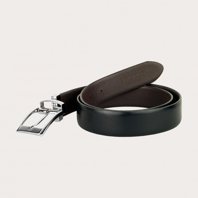 Ceinture business réversible en saffiano noir et marron foncé