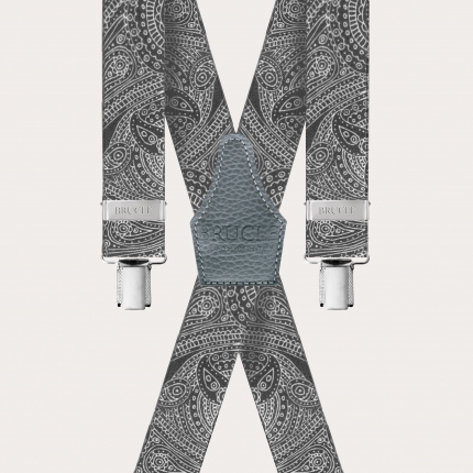 X-shape elastic suspenders with clips, grey paisley