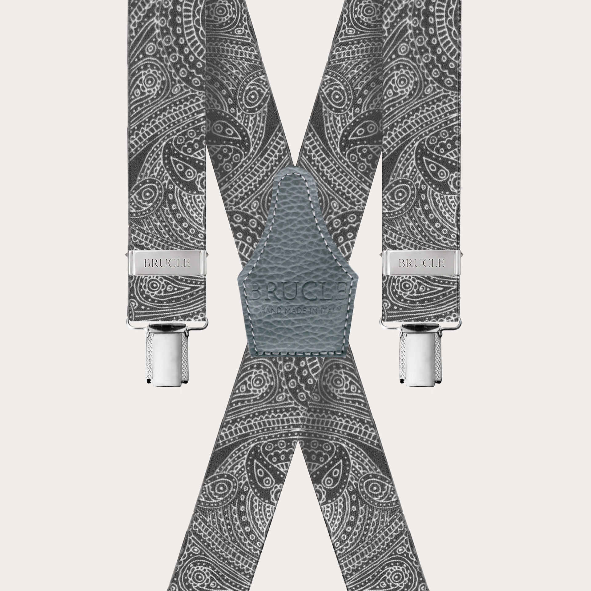 Bretelle elastiche forma a X disegni cachemire paisley grigie