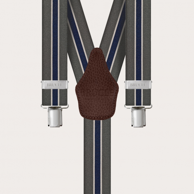 Y-shape elastic suspenders with clips, grey and blue regimental