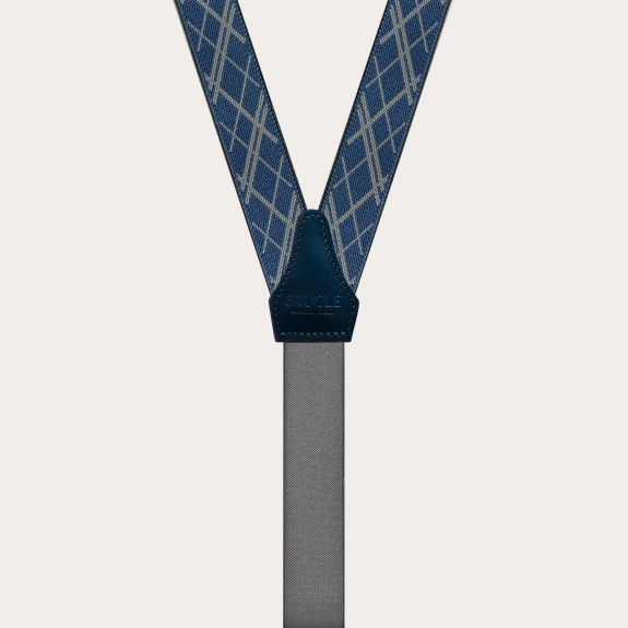 Classic nickel free thin suspenders with geometric pattern, blue