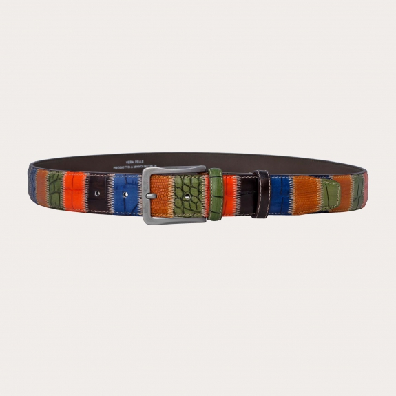 Elegant nickel free patchwork belt in printed leather, multicolor