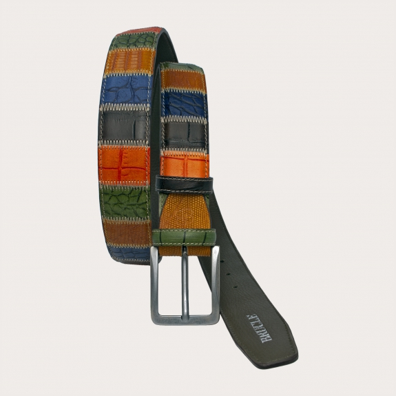 Elegante cinturón patchwork sin níquel en piel estampada, multicolor