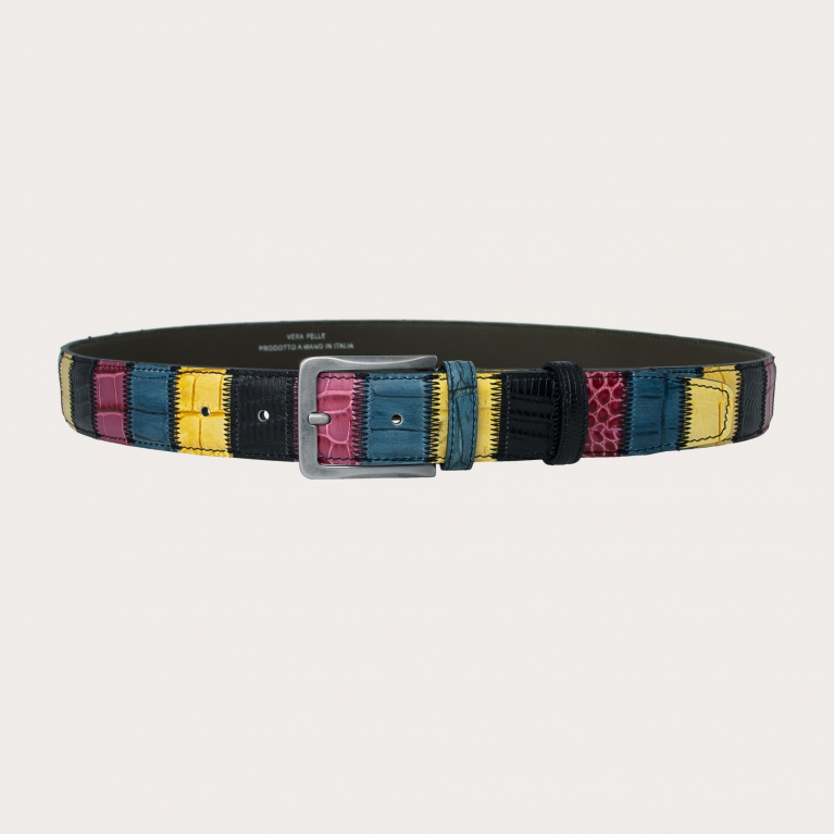 Ceinture patchwork exclusive multicolore en cuir imprimé, fuchsia, bleu canard, mimosa