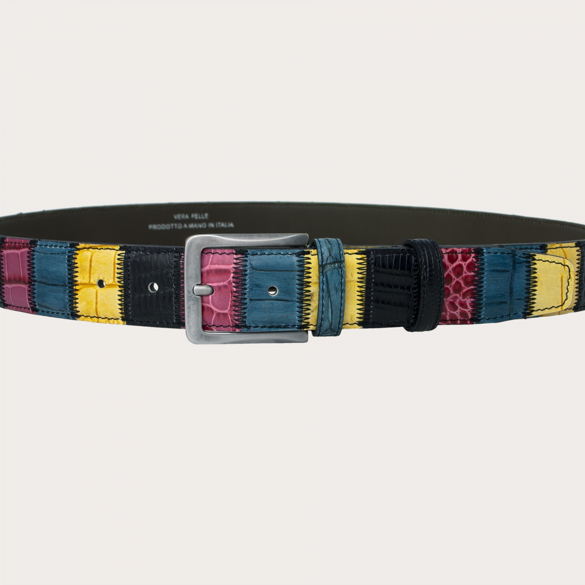 Exklusiver mehrfarbiger Patchwork-Gürtel aus bedrucktem Leder, Fuchsia, Blaugrün, Mimose